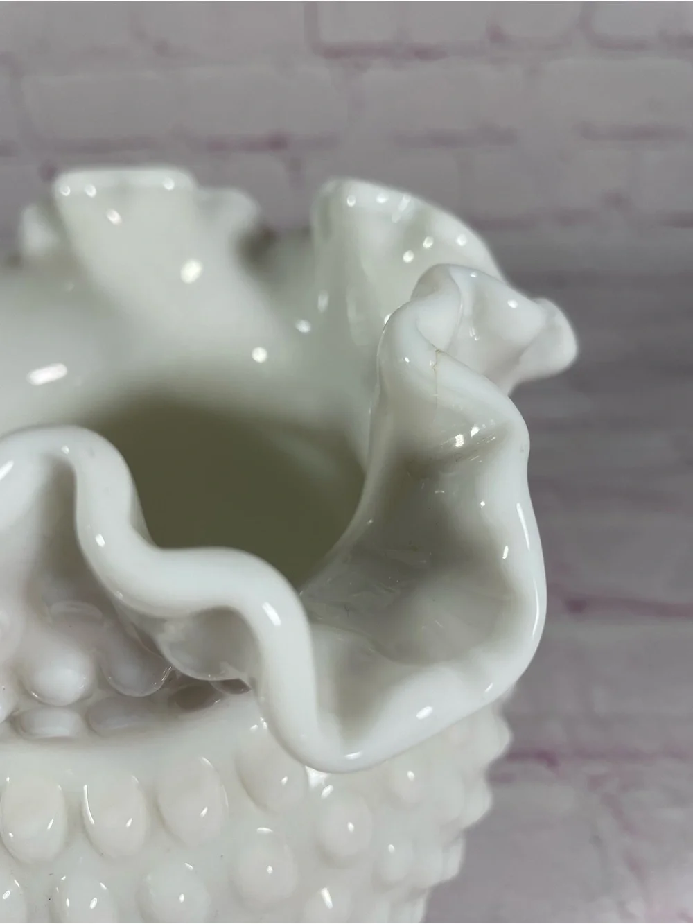 Vintage Fenton White Milk Glass Hobnail Ruffled Crimped Edge Vase 5.5”